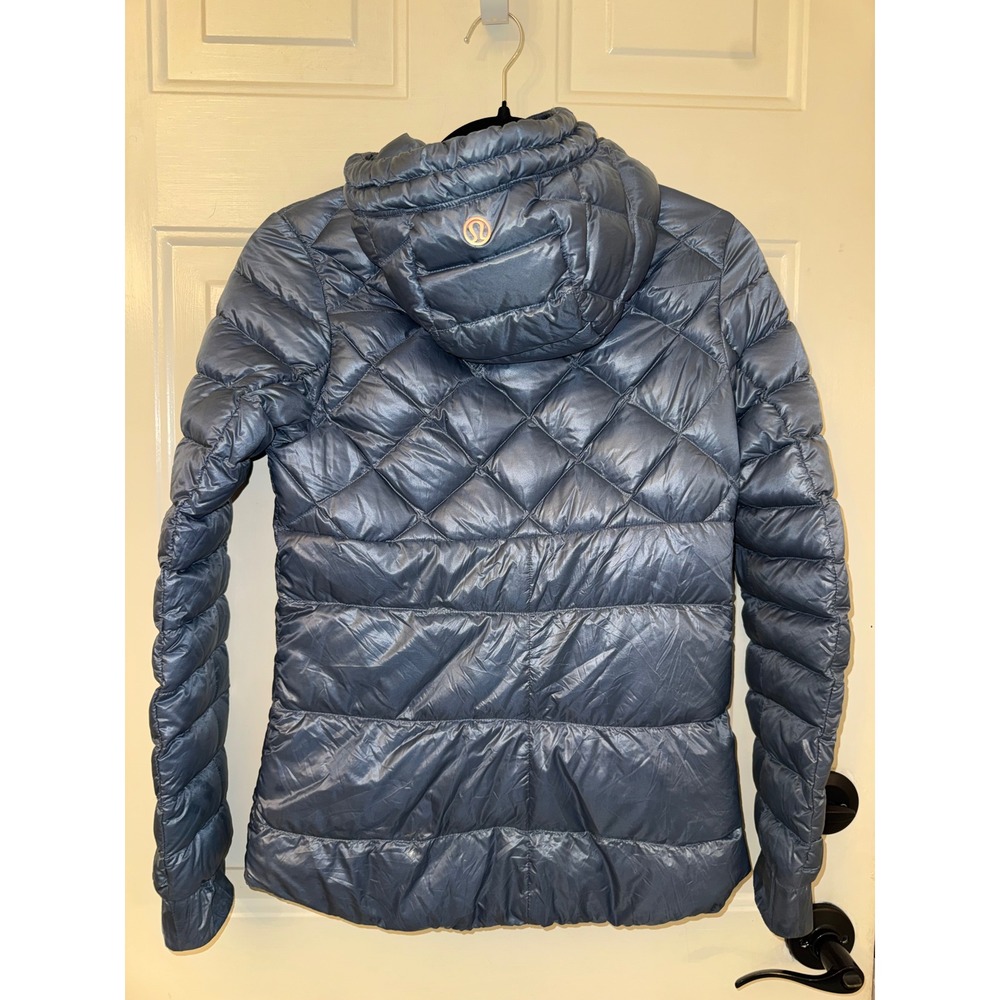 Lululemon Down For It All Jacket Blue Metallic Puffer Hooded Size 4 Rose Gold